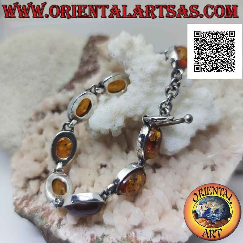 925 ‰ Silberarmband mit neun ovalen Cabochon-Bernsteindraht mit glatter Kante