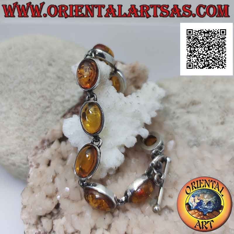 Pulsera de plata 925 ‰ con nueve cabujones ovalados de alambre de ámbar con borde liso