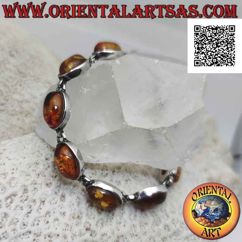 Bracciale in argento 925‰ con nove ambra ovale cabochon a filo bordo liscio