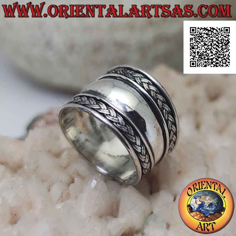 Wide band silver ring with double braid on both sides, Bali