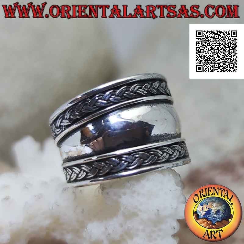Anillo de plata de banda ancha con doble trenza en ambos lados, Bali