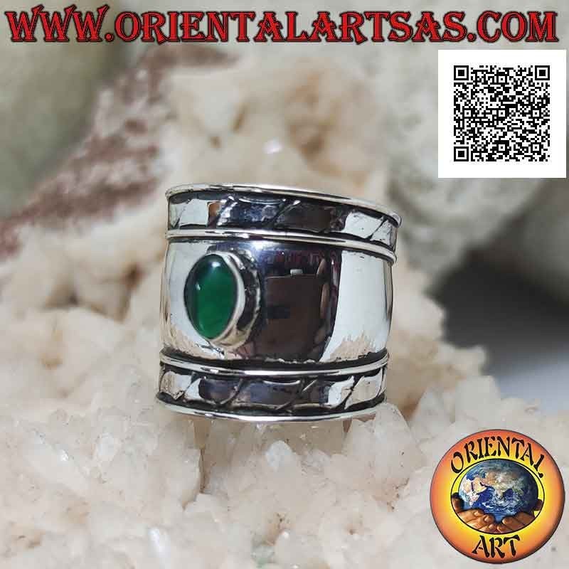 Wide band silver ring with oval green agate and oblique engravings on the sides, Bali