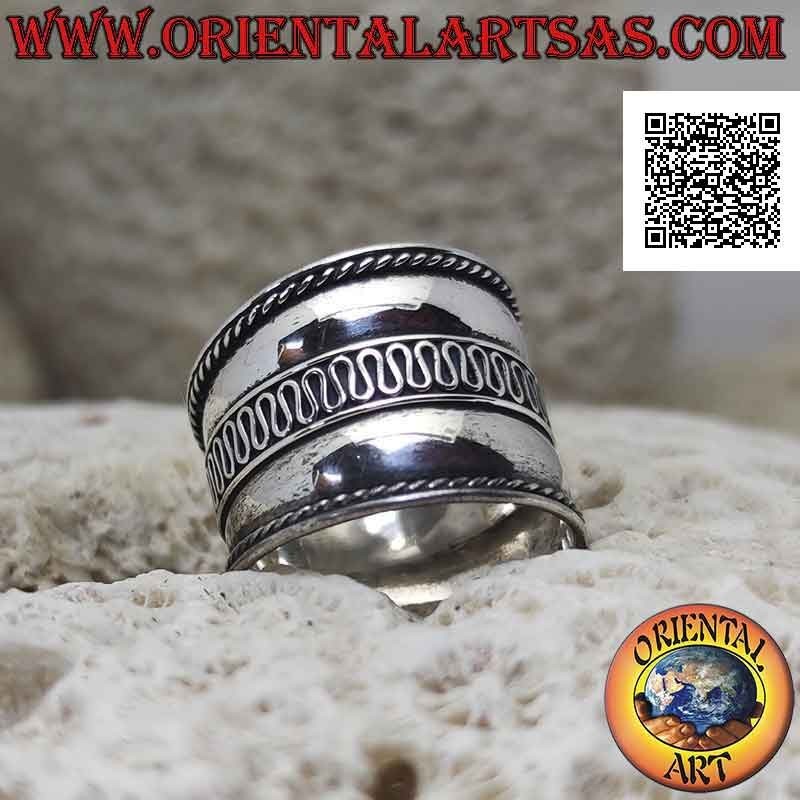 Wide band silver ring with central wavy line and side weaves, Bali