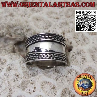 Wide band silver ring with hatching on the edges, Bali