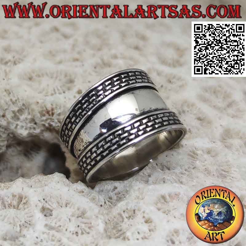 Wide band silver ring with hatching on the edges, Bali