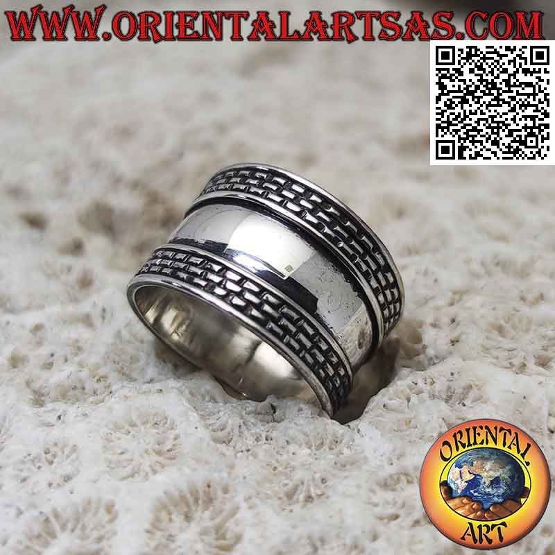 Anello in argento a fascia larga con tratteggio sui bordi, Bali