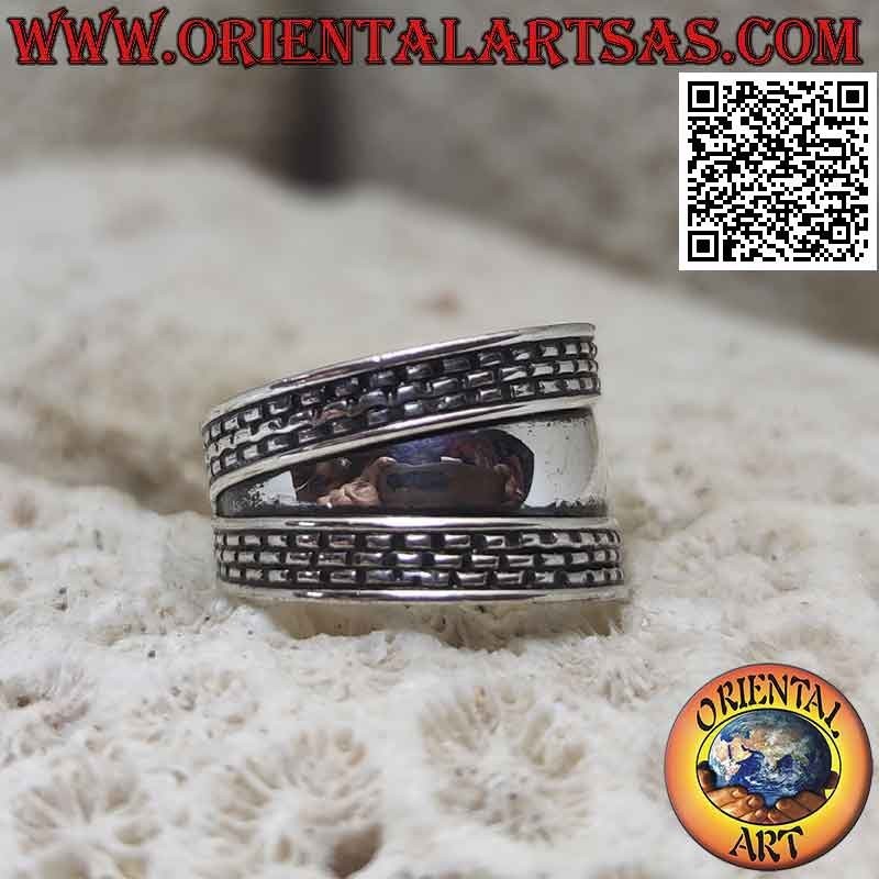 Anello in argento a fascia larga con tratteggio sui bordi, Bali