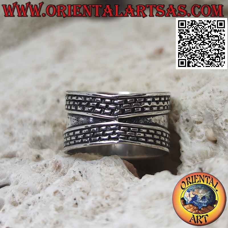 Anello in argento a fascia larga con tratteggio sui bordi, Bali