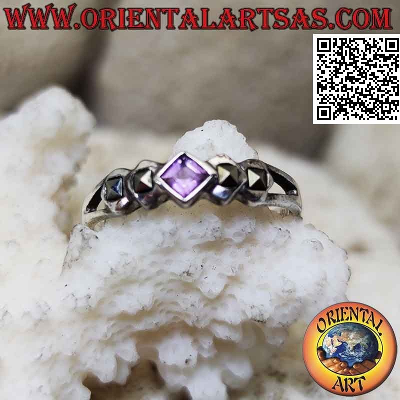 Silver ring with square rhomboid amethyst and double marcasite on the sides