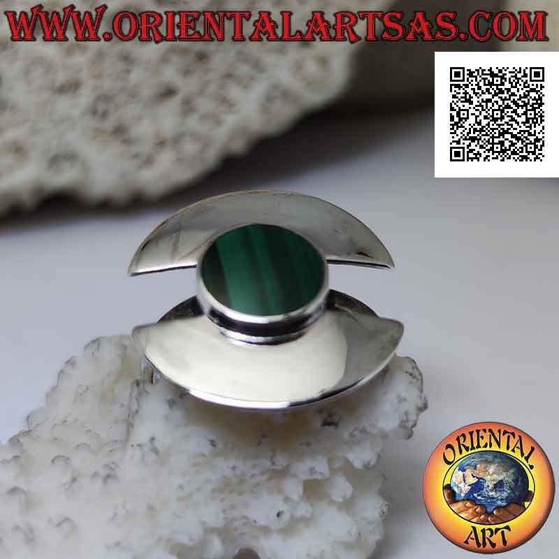 Bague en argent avec malachite ronde au ras du bord sur deux demi-cercles lisses séparés