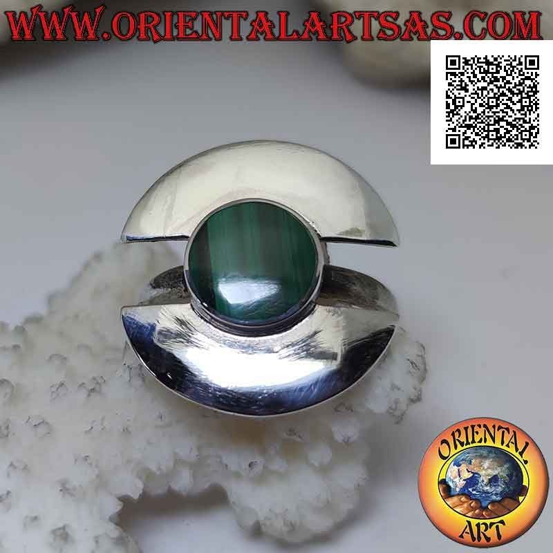 Silver ring with round malachite flush with the edge on two separate smooth semicircles