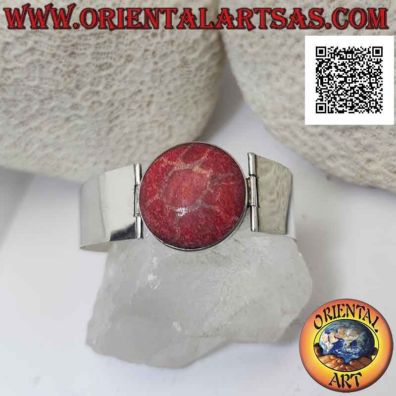 925 ‰ Silberarmband mit roter Madrepora (Koralle) und starrem, breitem und glattem Band
