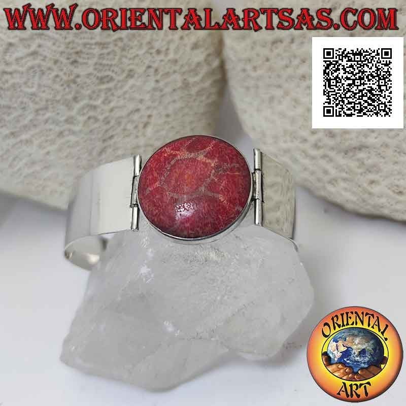 Pulsera de plata 925 ‰ con madrepora roja (coral) y correa rígida, ancha y lisa