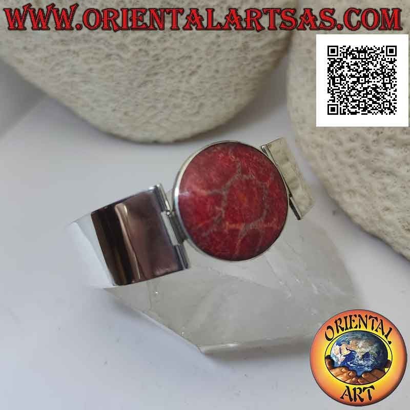 Pulsera de plata 925 ‰ con madrepora roja (coral) y correa rígida, ancha y lisa