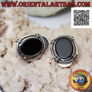 Silberohrringe mit Clipverschluss mit ovalem Onyx umgeben von einem Ring (ohne Loch)