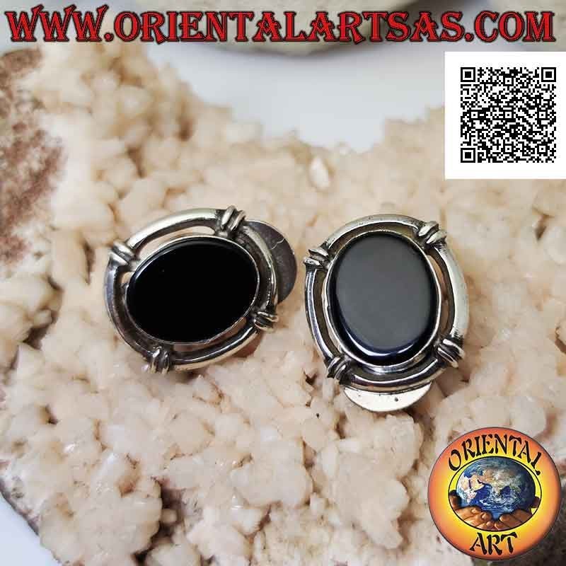 Silver earrings with clip closure with oval onyx surrounded by a ring (without hole)