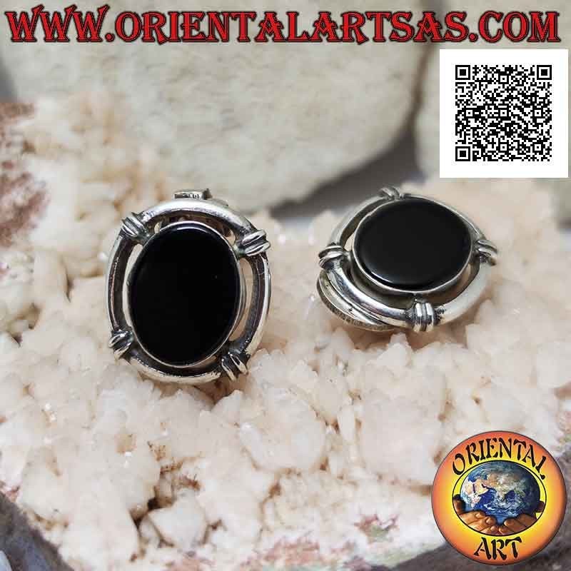 Silver earrings with clip closure with oval onyx surrounded by a ring (without hole)