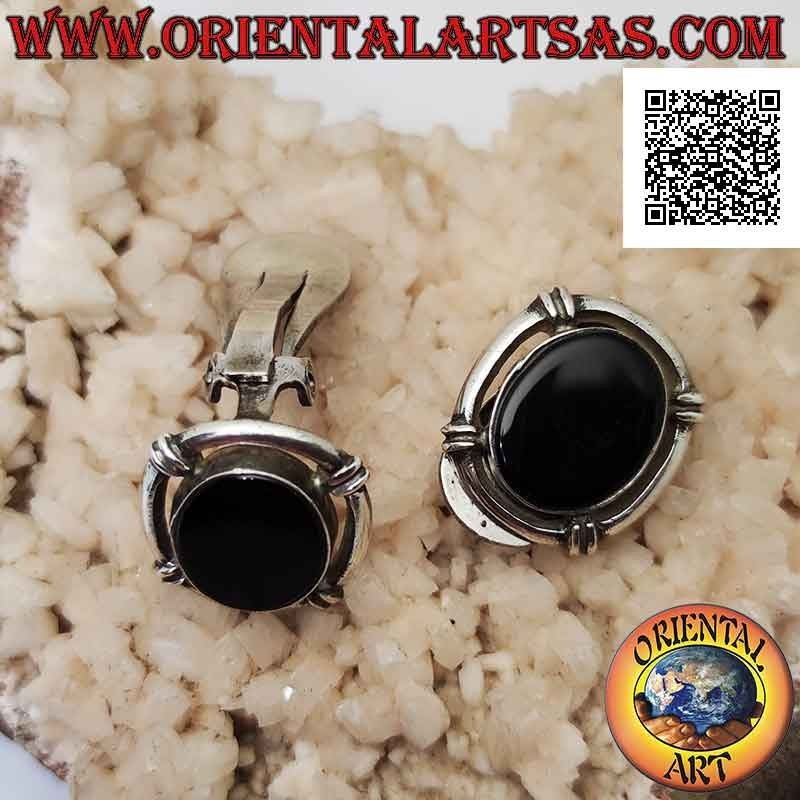 Silver earrings with clip closure with oval onyx surrounded by a ring (without hole)