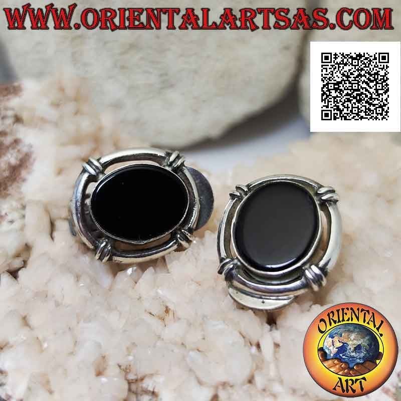 Silberohrringe mit Clipverschluss mit ovalem Onyx umgeben von einem Ring (ohne Loch)