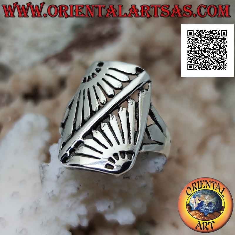 Rectangular silver ring with oblique mirror rising sun engraved with openwork
