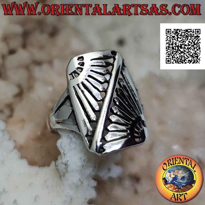 Rectangular silver ring with oblique mirror rising sun engraved with openwork
