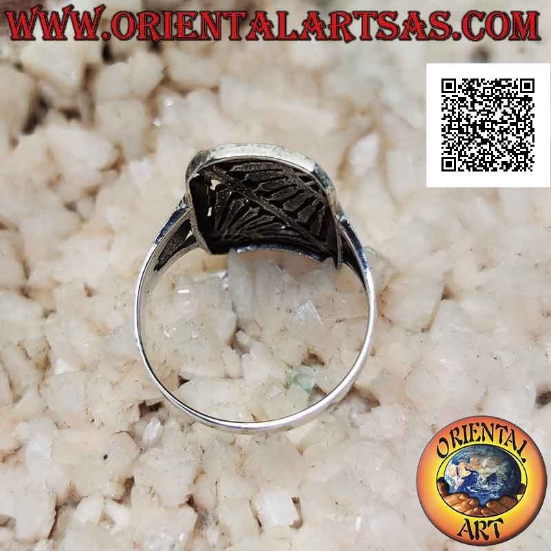 Rectangular silver ring with oblique mirror rising sun engraved with openwork