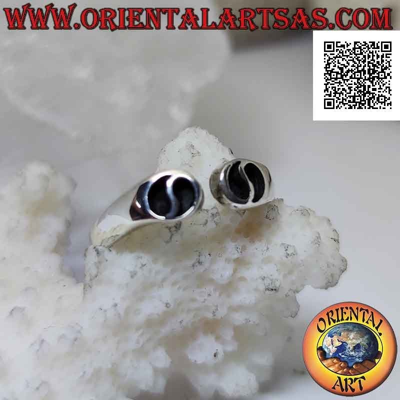 Anillo de plata abierto al frente con yin yang ahuecado (libre de mal y bien), ajustable