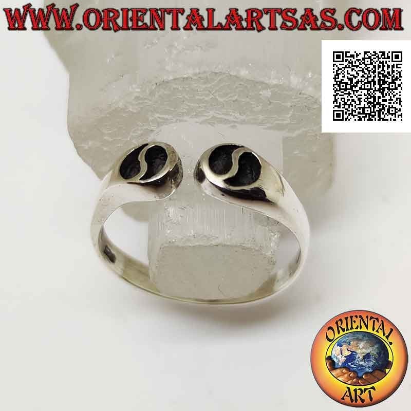 Bague en argent ouverte devant avec yin yang évidé (libre du mal et du bien), réglable