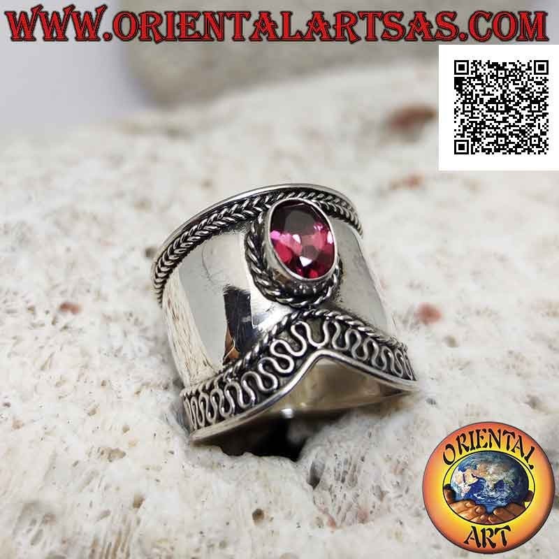 Wide V-band silver ring with oval garnet and serpentine on one side, Bali
