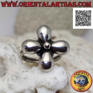 Silver ring in the shape of a flower with four smooth rounded petals and a central ball
