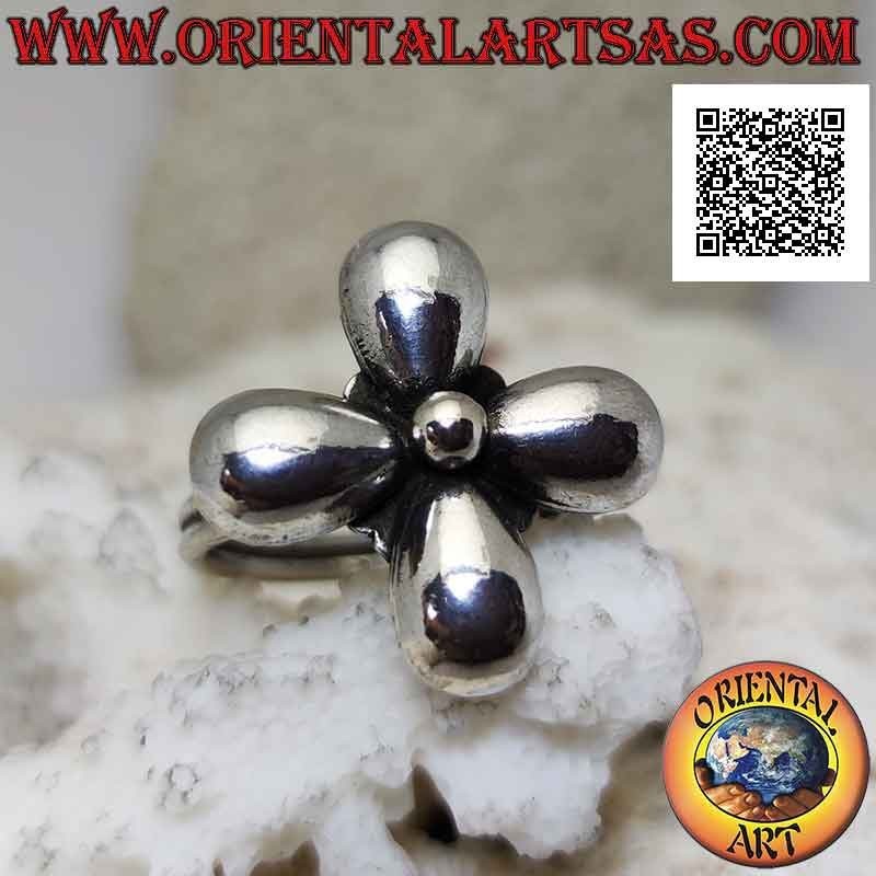 Bague en argent en forme de fleur avec quatre pétales lisses arrondis et une boule centrale
