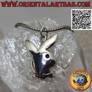 Silver pendant in the shape of a rounded "playboy" bunny with engravings