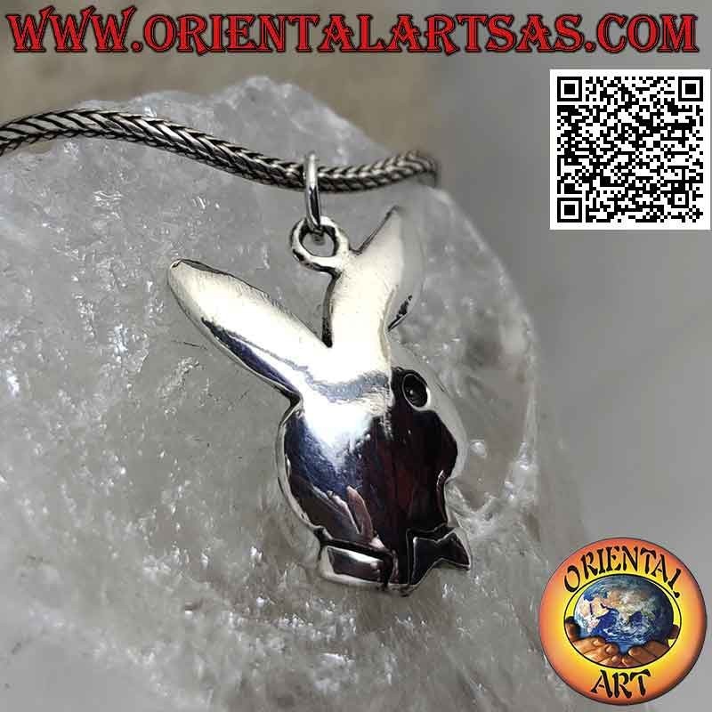 Colgante de plata en forma de conejito "playboy" redondeado con grabados