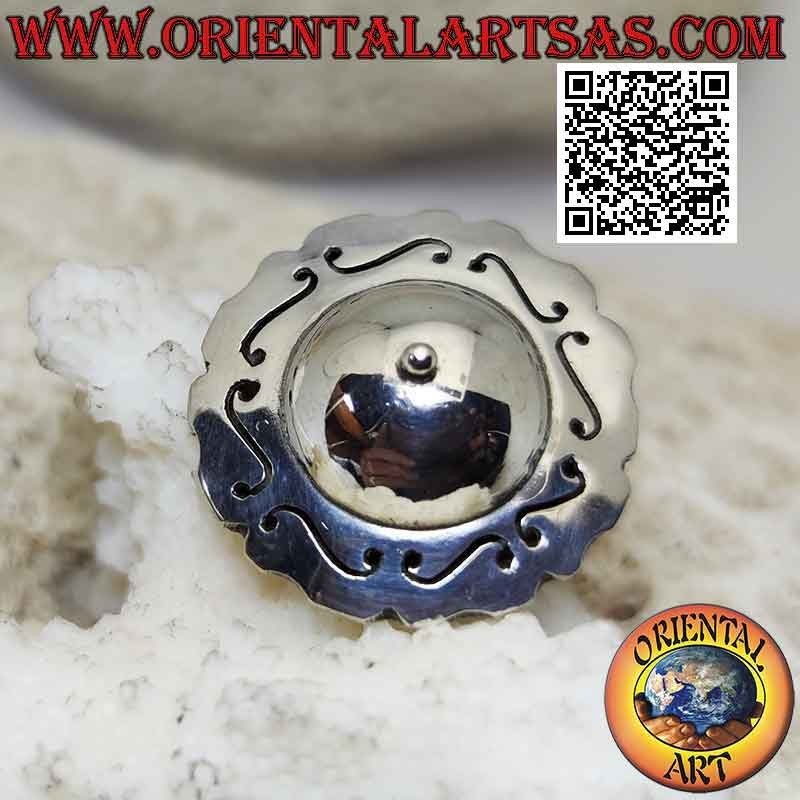 Silver round hat ring with smooth dome and Greek engraved around