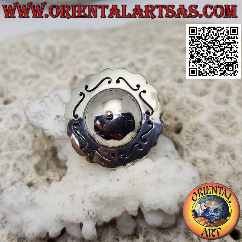 Silver round hat ring with smooth dome and Greek engraved around