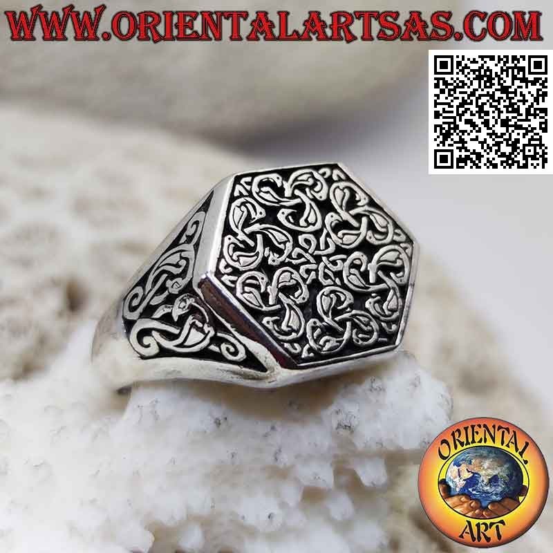 Swan triskell knots hexagonal silver signet ring