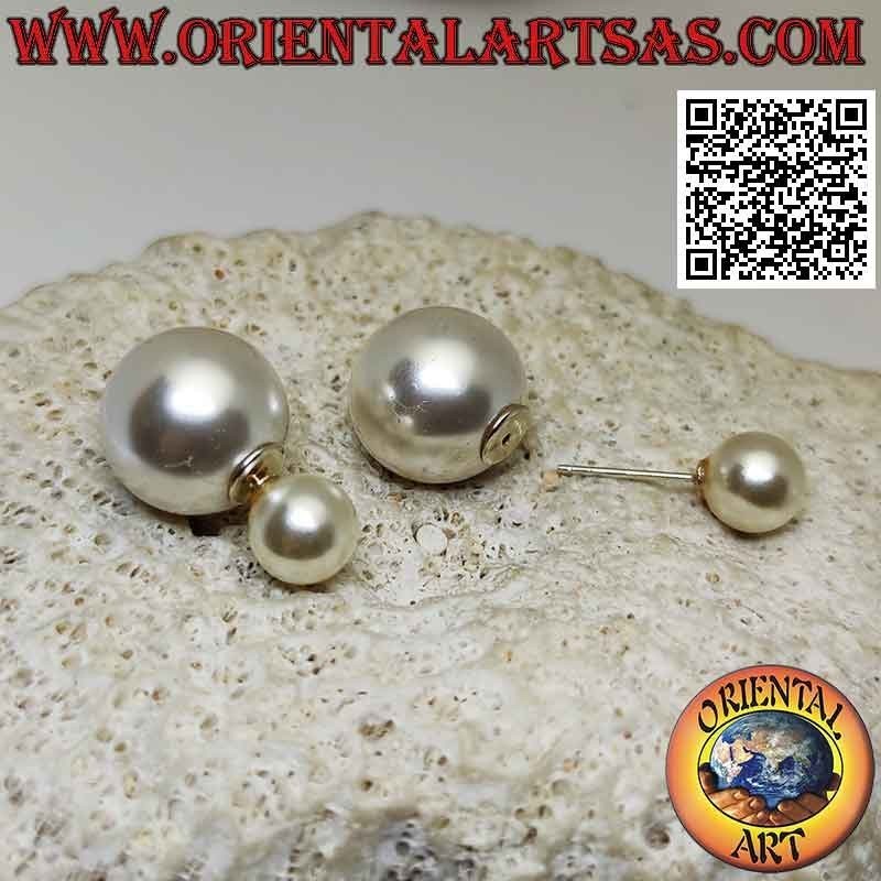 Boucles d'oreilles en argent à double lobe de perles blanches (style Dior) (grandes)