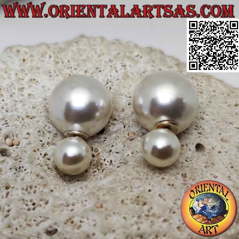 Orecchini in argento da lobo a doppia perla bianca (stile Dior) (grande)