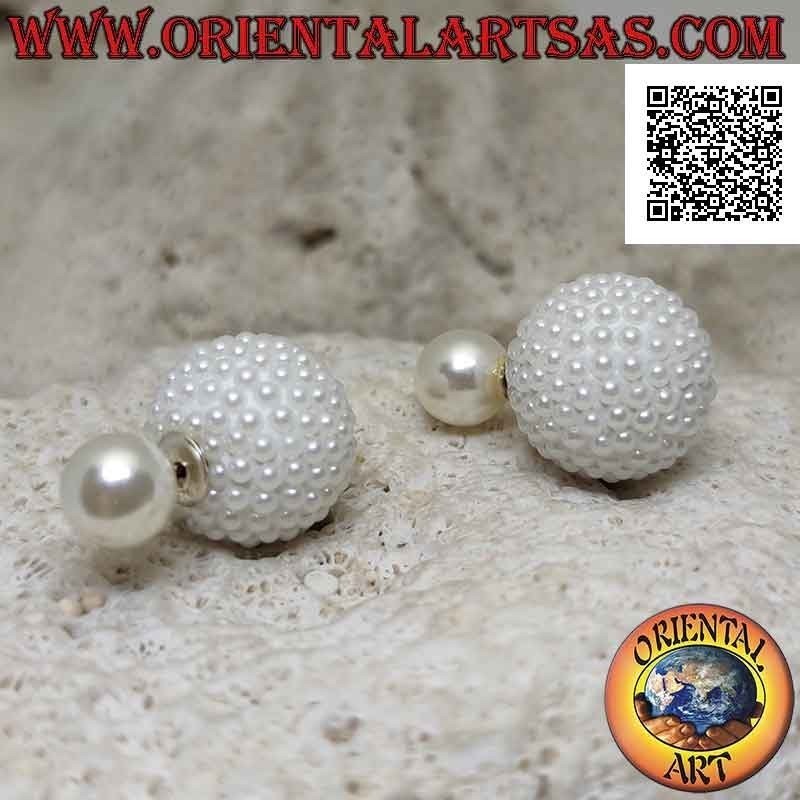 Pendientes lóbulos de plata con esfera de cuentas y perla blanca (estilo Dior) (grande)