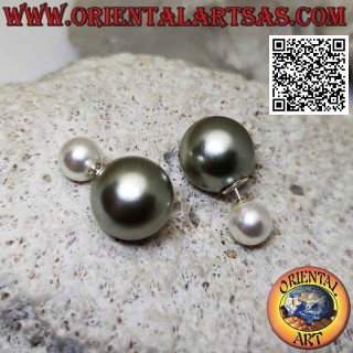 Silver gray and white double pearl lobe earrings (Dior style)