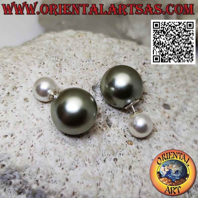 Silver gray and white double pearl lobe earrings (Dior style)