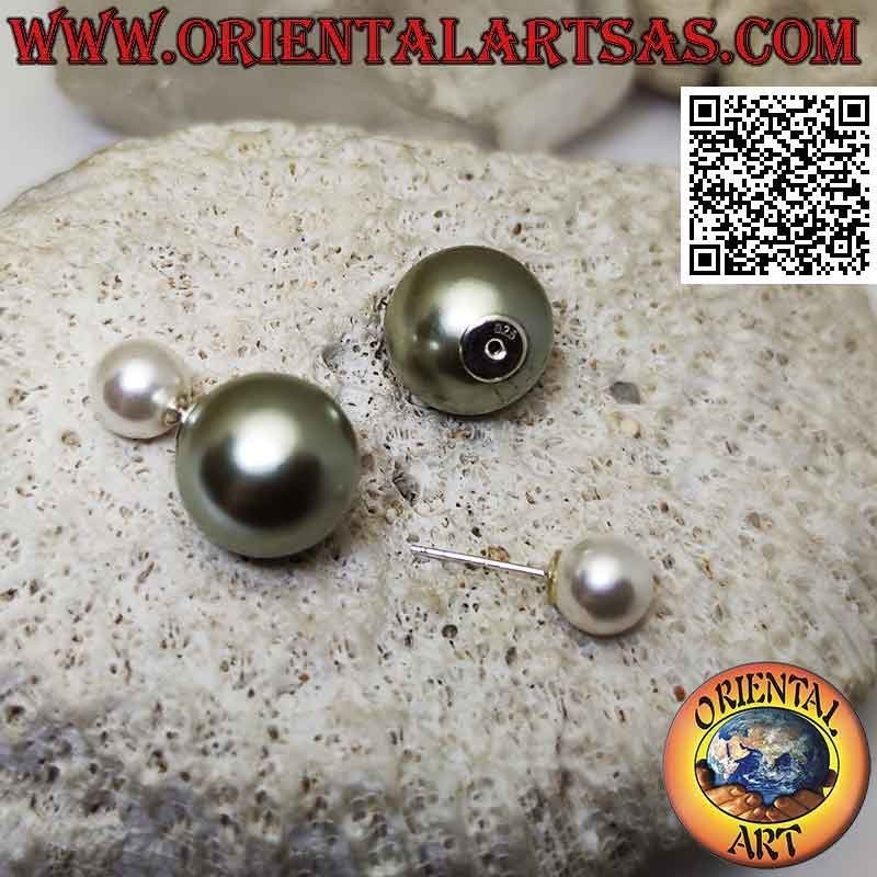 Pendientes de doble lóbulo perla gris plateado y blanco (estilo Dior)