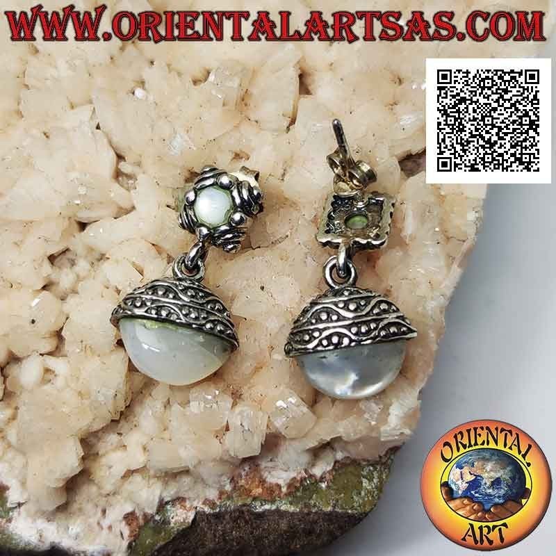 Silver lobe earrings with spherical oval mother-of-pearl in the cap with pendant ethnic engravings