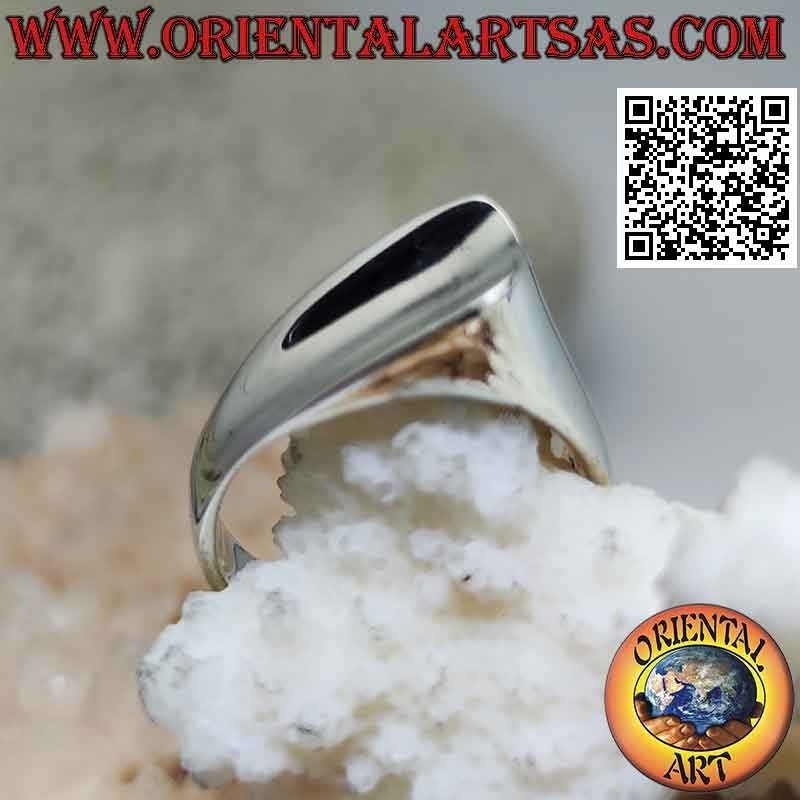 Smooth silver ring with a protruding tip on one side rounded and on the other concave