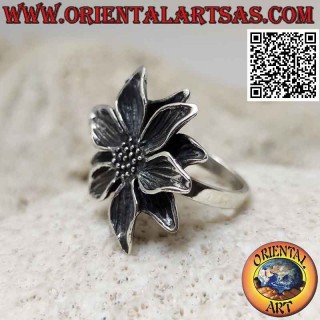 Silver ring in the shape of a large shaped lotus flower