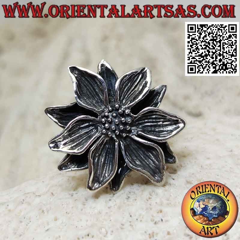 Silver ring in the shape of a large shaped lotus flower