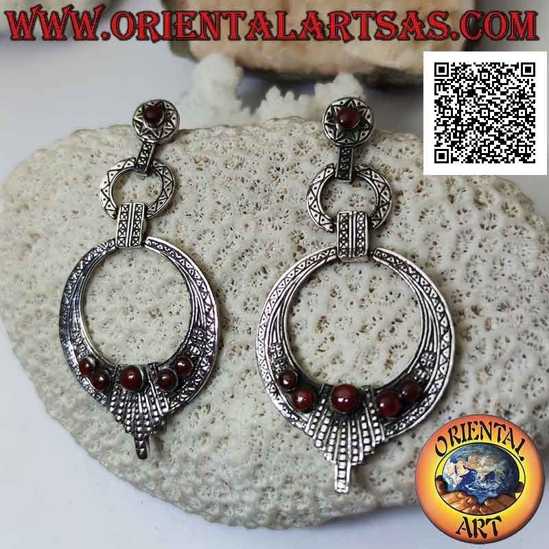 Silver earrings from lobe to trio of hanging growing discs with ethnic engravings and natural carnelian