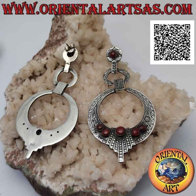 Silver earrings from lobe to trio of hanging growing discs with ethnic engravings and natural carnelian
