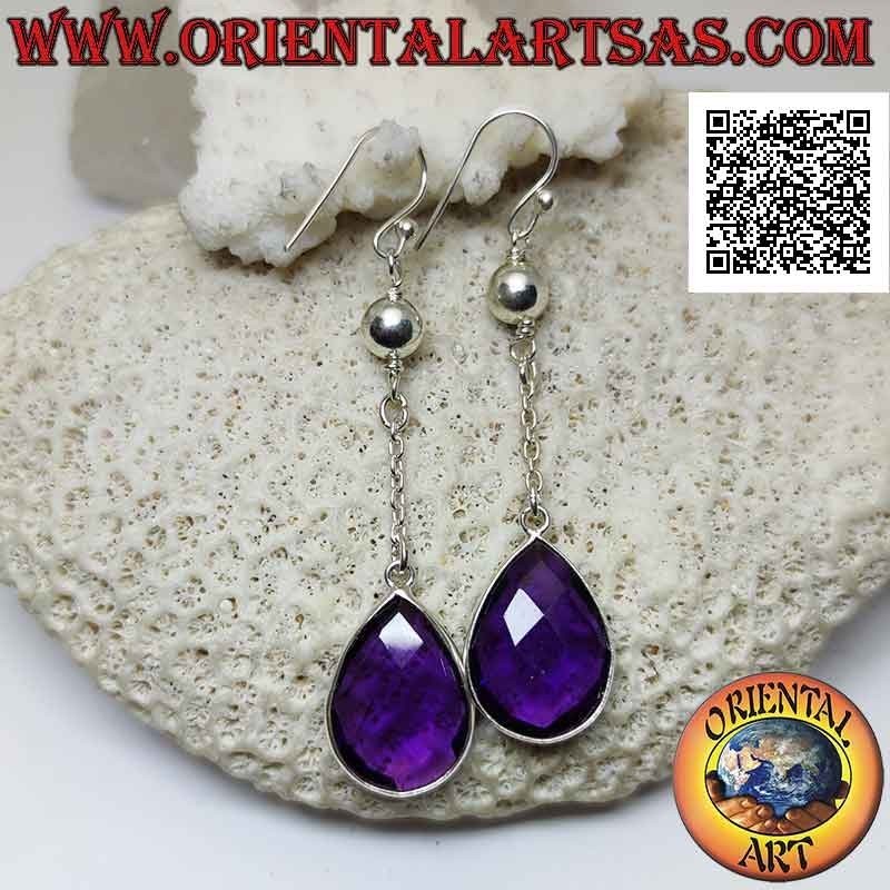 Boucles d'oreilles à levier en argent avec améthyste synthétique en forme de goutte facettée entourée d'un bord lisse