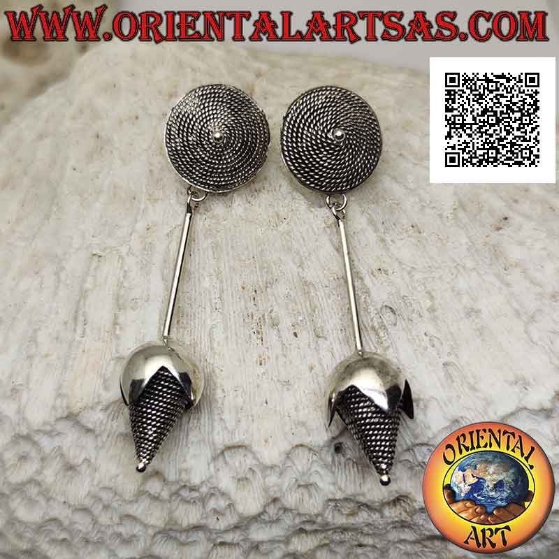 Silver earrings with spiral weave on the lobe and pendant flower (handmade)